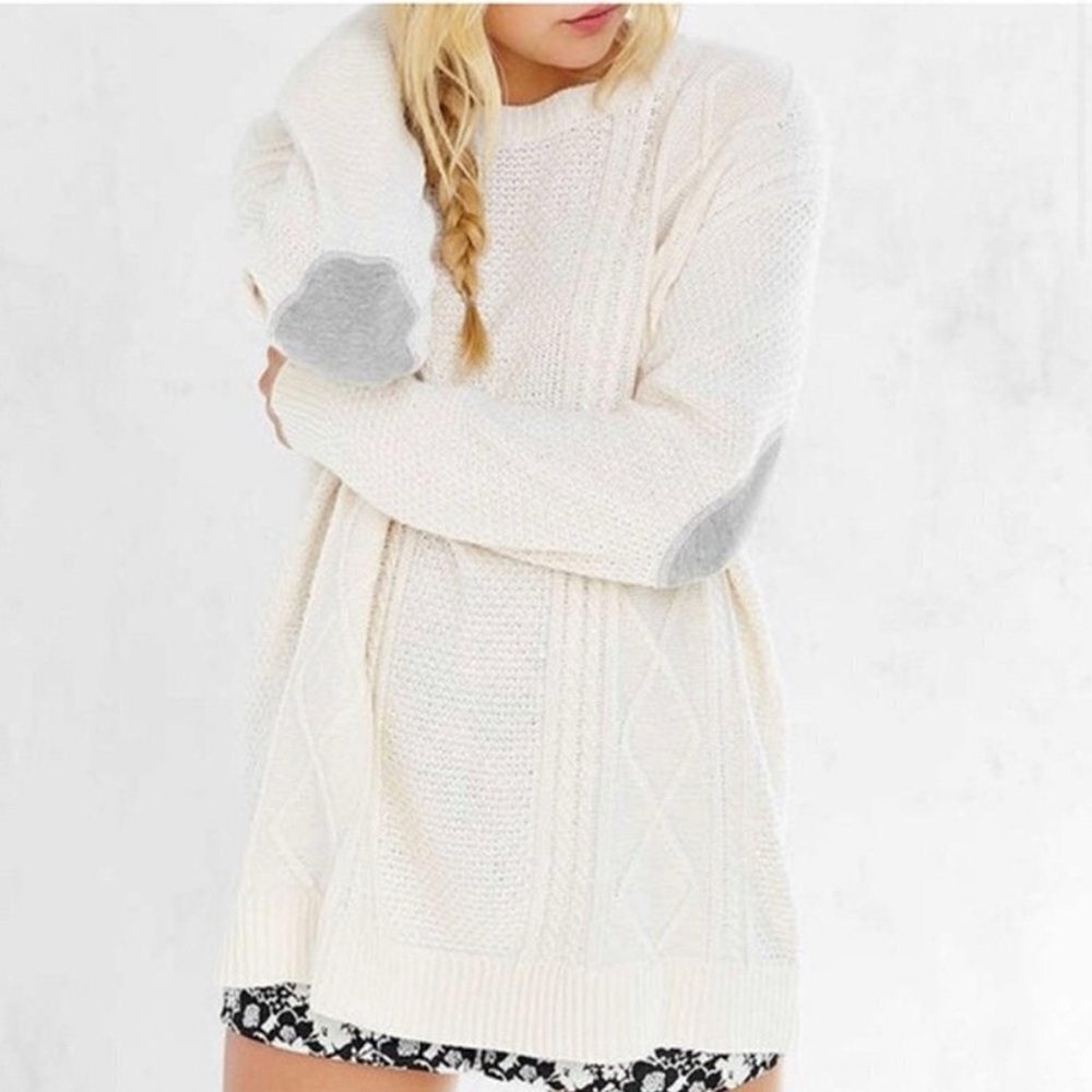 BDG Urban‎ Outfitters Cable Knit Elbow Patches Sweater Women's Small Cream Y2K
